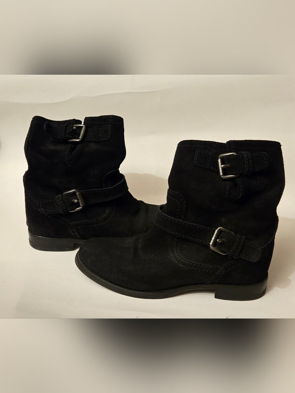PRADA Suede Double Buckle Moto Ankls Boots Women's Sz 6.5 in Black